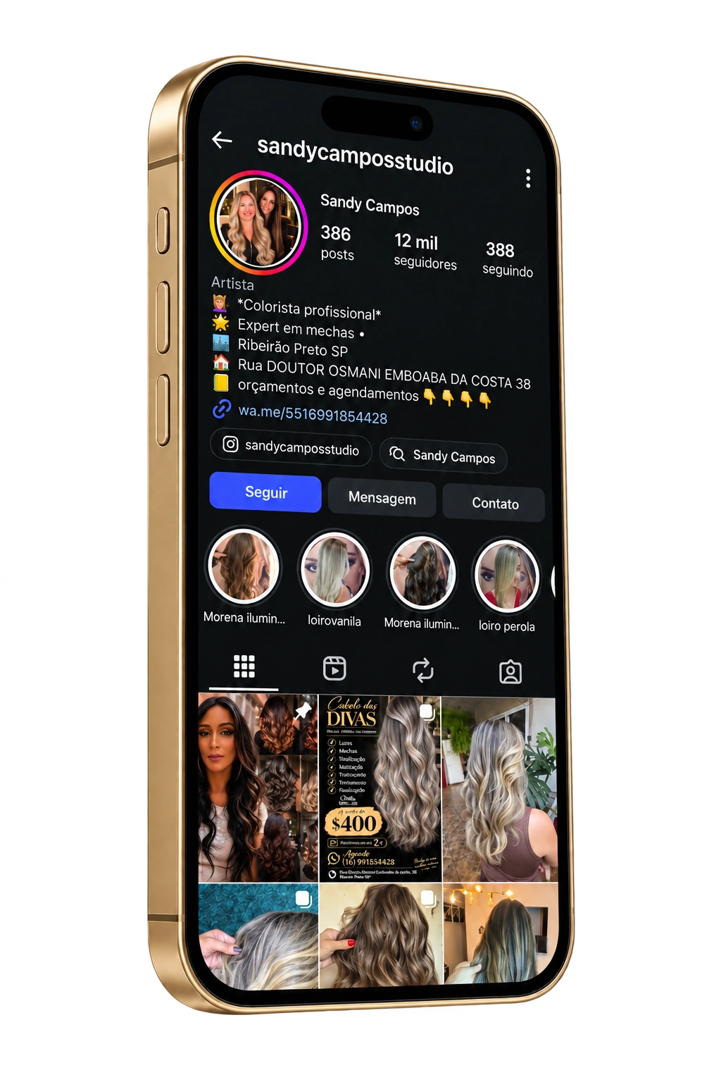 Smartphone dourado exibindo o perfil do Instagram sandycampos.studio